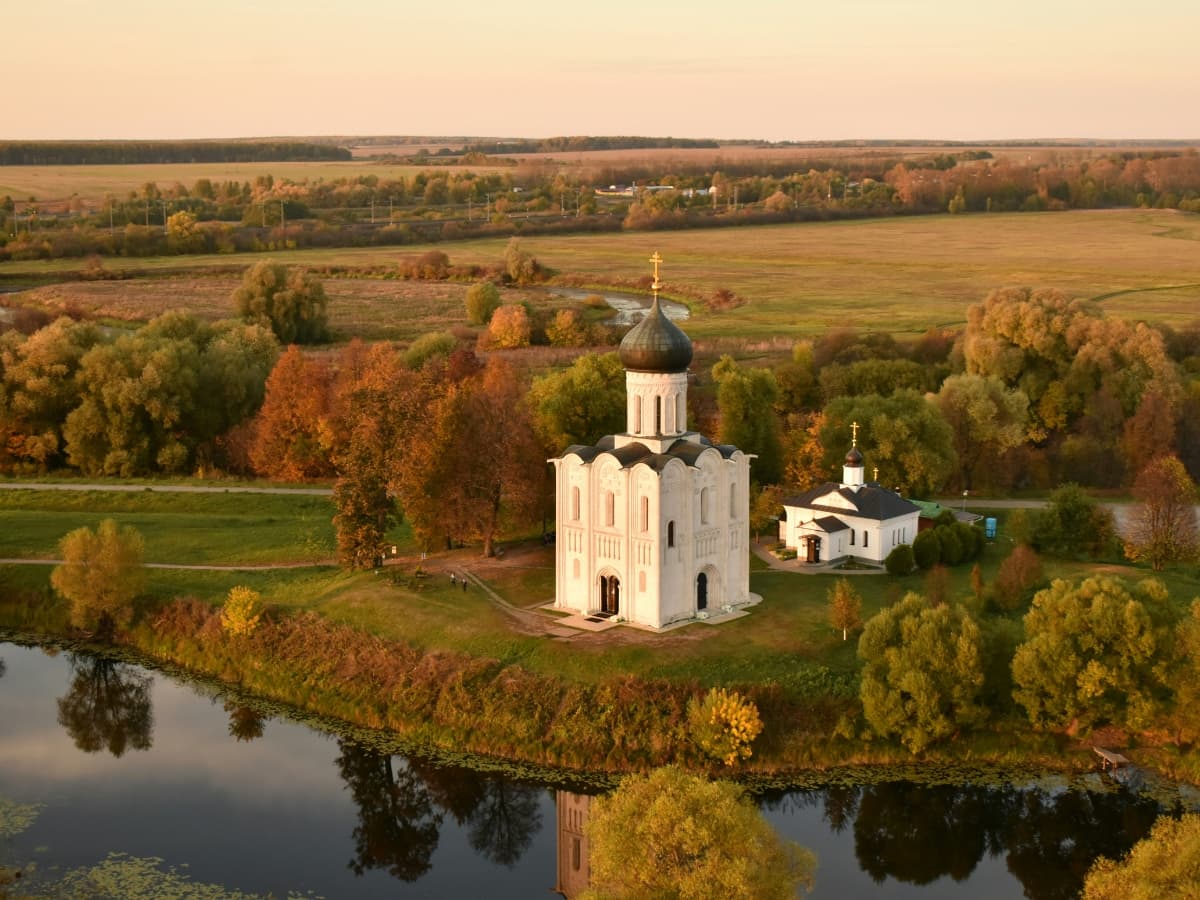 Aerial photo of a church.