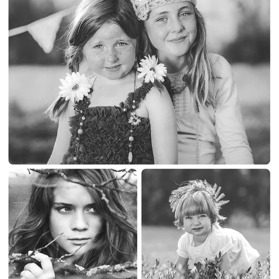 Portraits of kids in black and white.