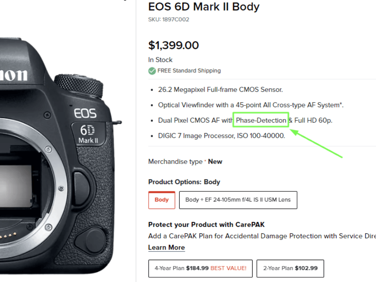 Product details for the Canon 6D Mark II phase detection AF.