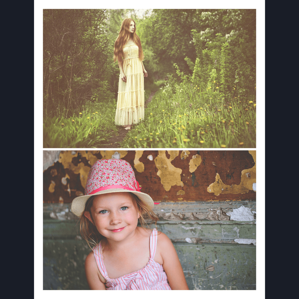 Woman in a grass field and a little girl with a hat.