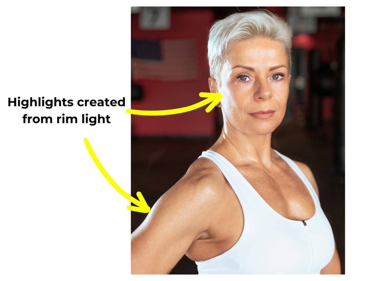 Highlights on model face due to rim light.