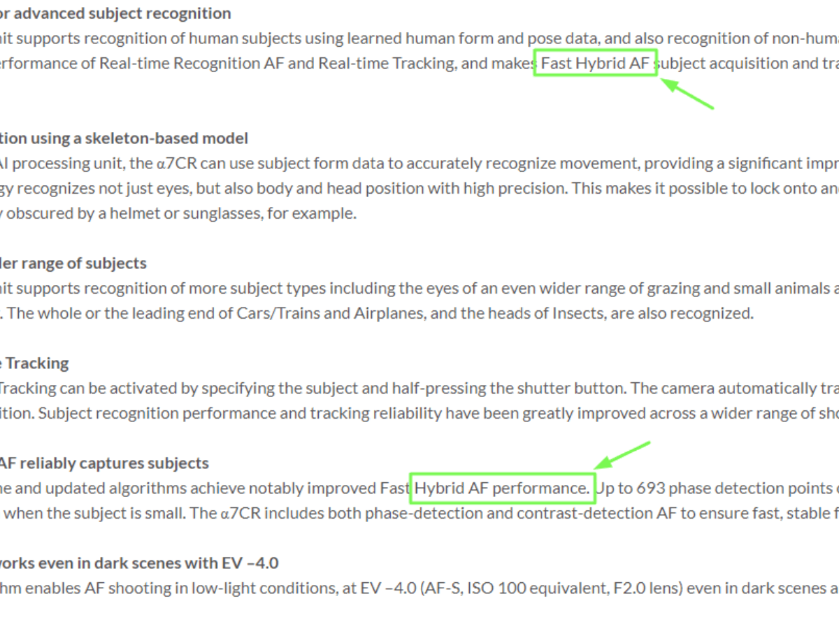 Product descriptions showing Hybrid AF often featured as selling point.
