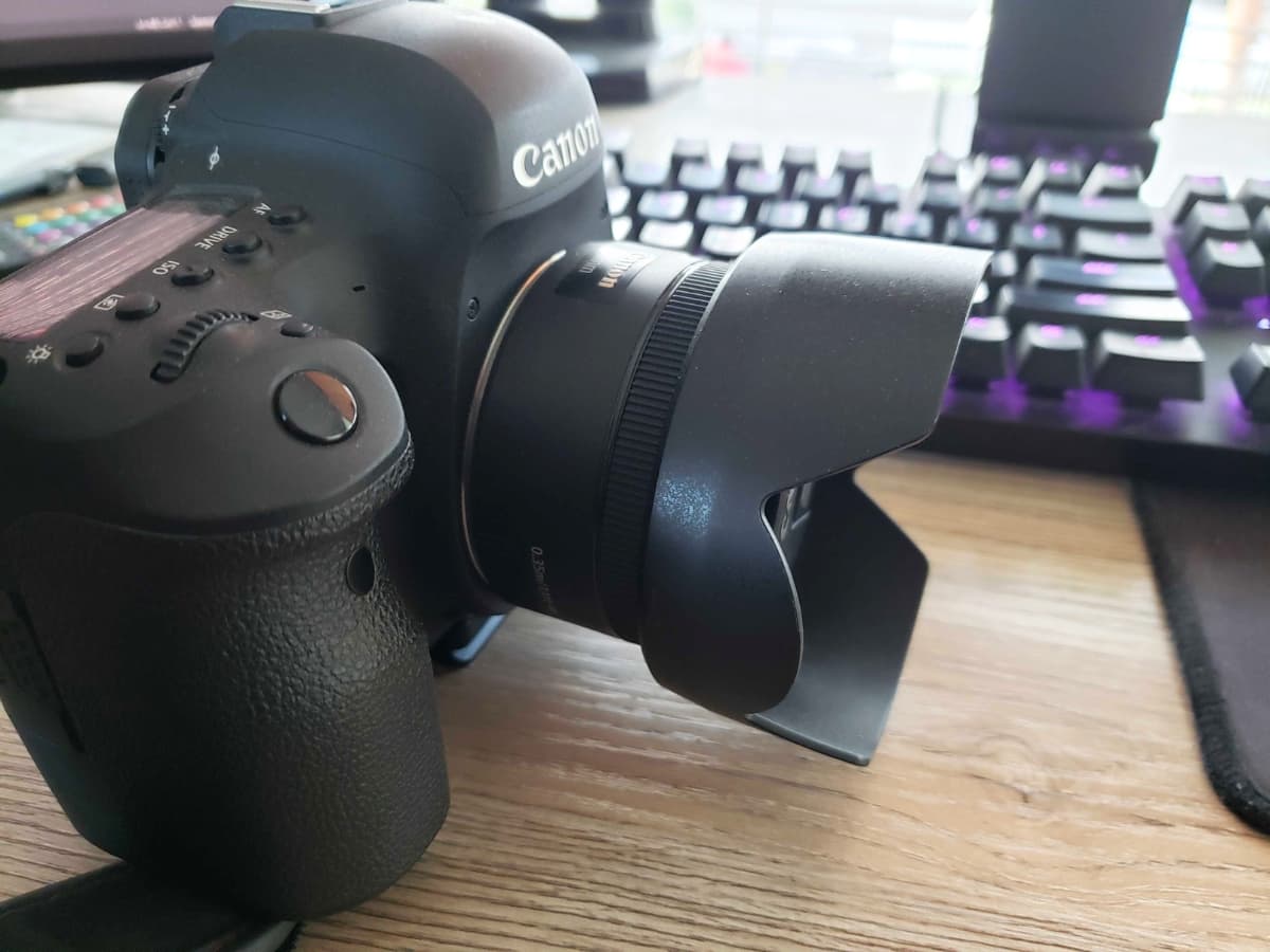 Lens hood on camera.
