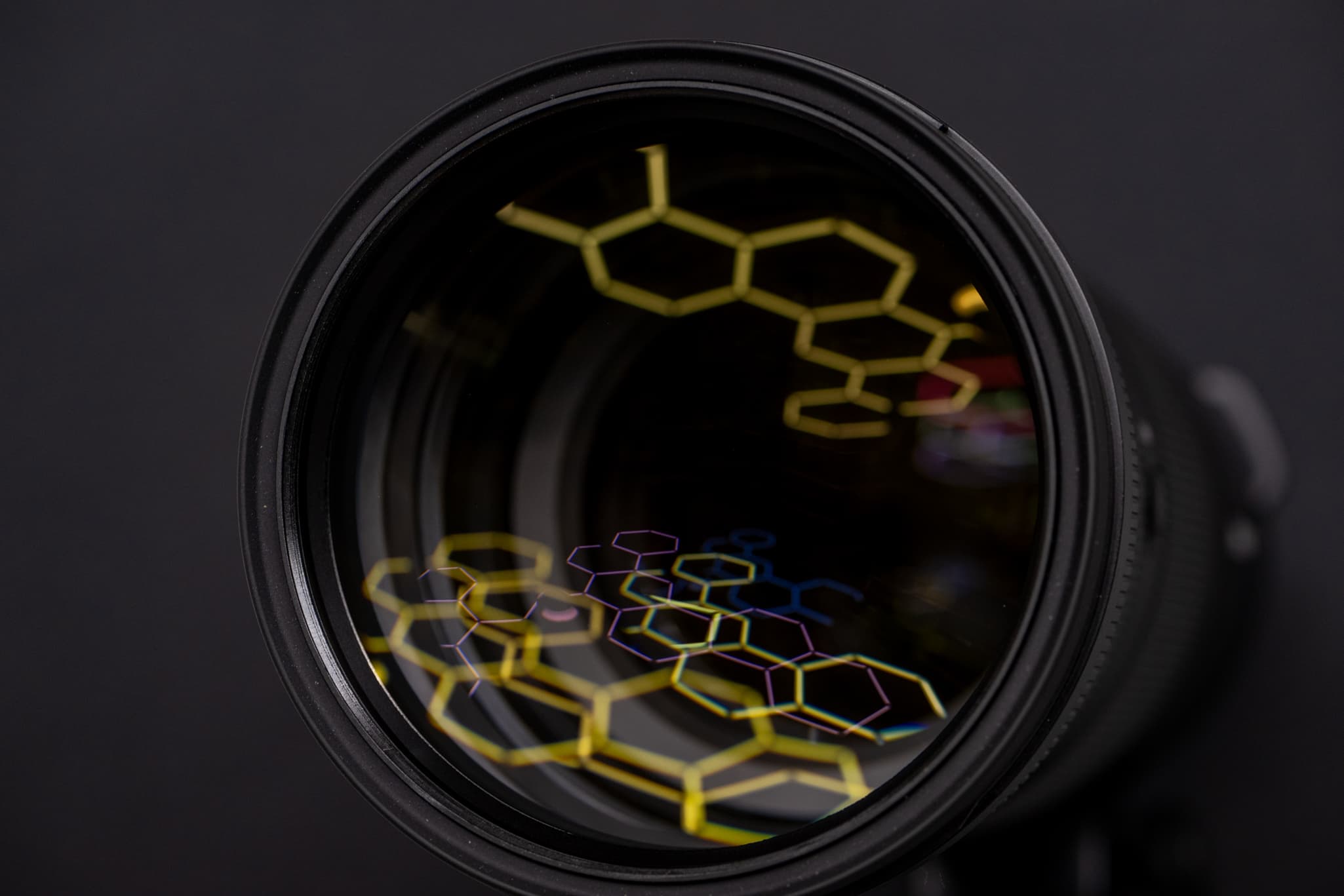 High-angle shot of the front glass element of the Nikon Z 180-600mm f/5.6-6.3 VR