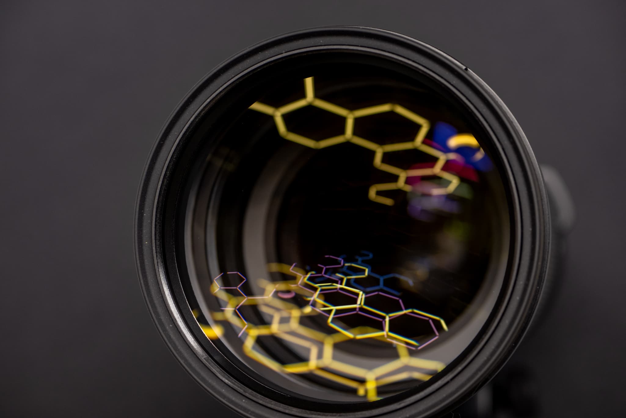 High-angle shot of the front glass element of the Nikon Z 180-600mm f/5.6-6.3 VR