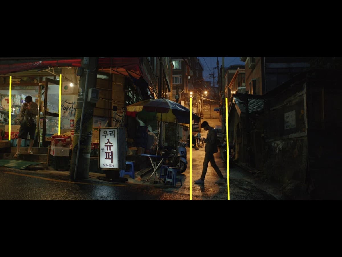 Framing composition from alley scene in Parasite.