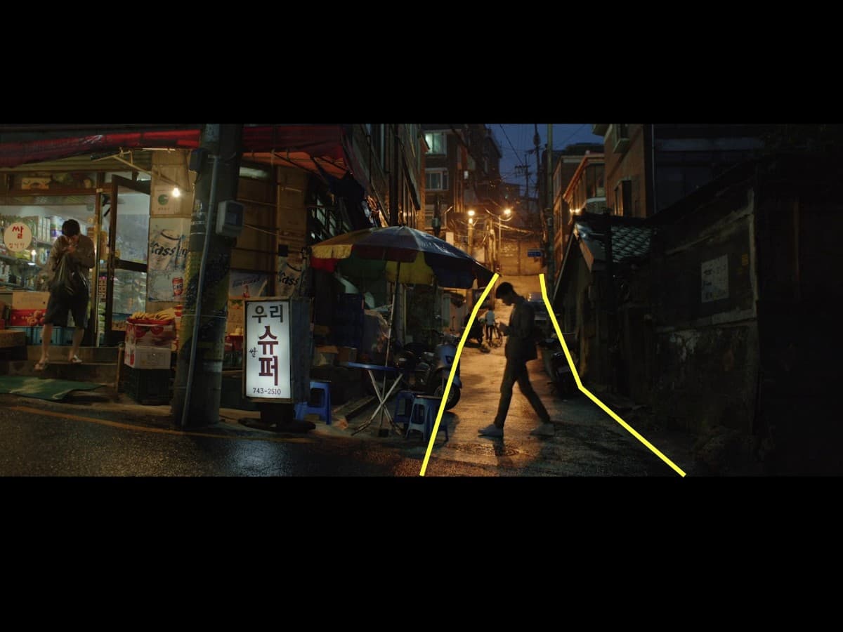 Leading lines composition from alley scene in Parasite.