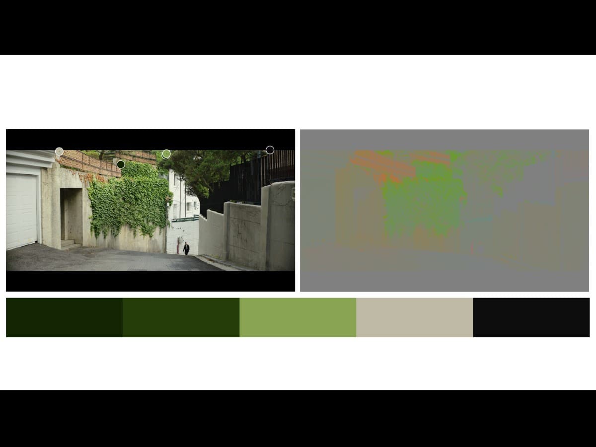 Color from Ki-Woo walking up alley scene in Parasite.