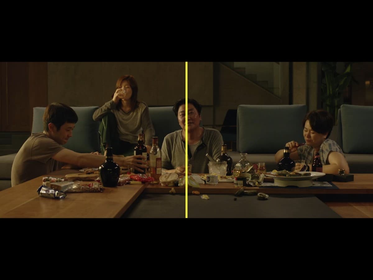 Composition from scene in Parasite where Kim family is eating in the Park family.