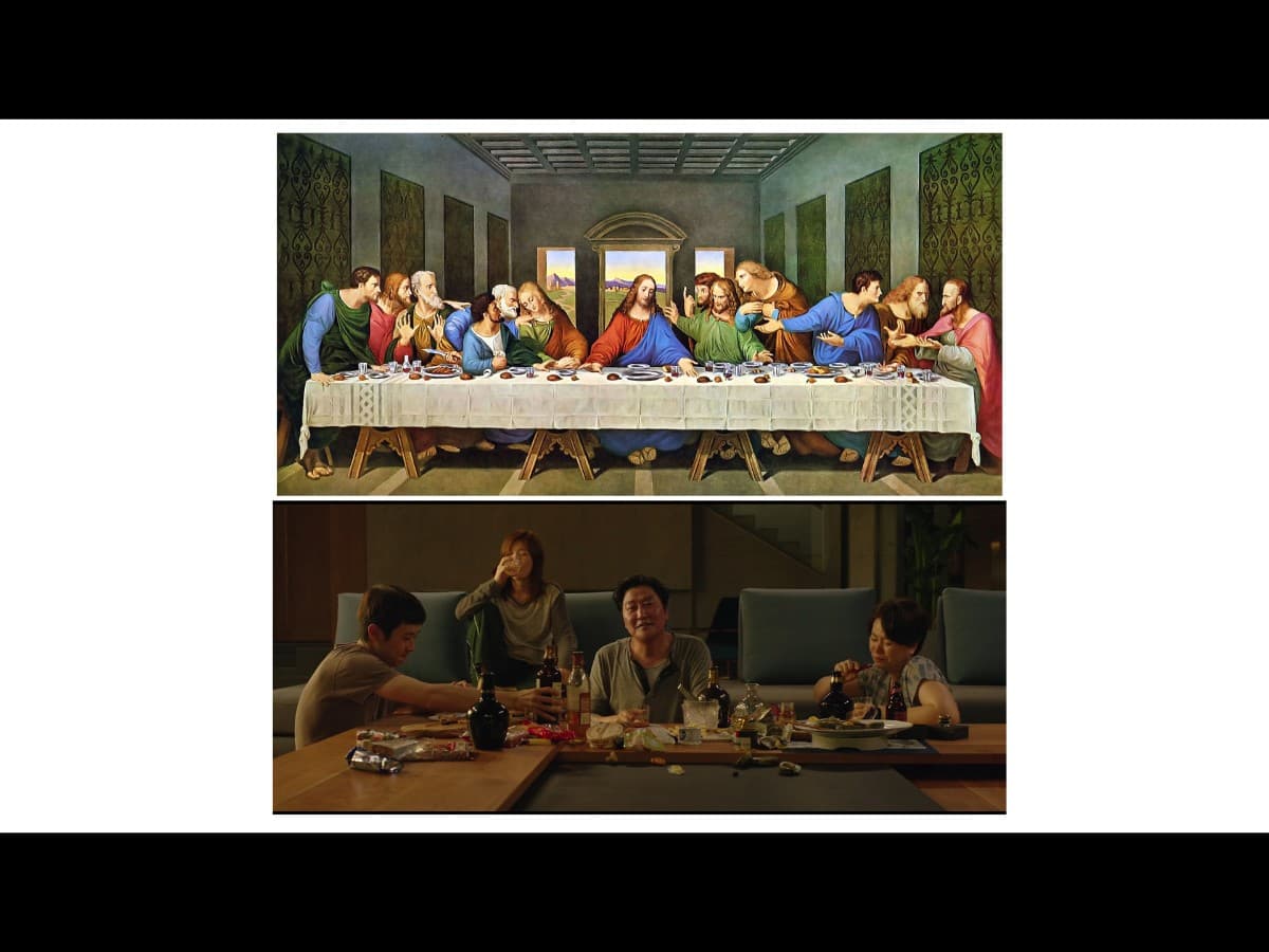 Last Supper comparison from scene in Parasite where Kim family is eating in the Park family.