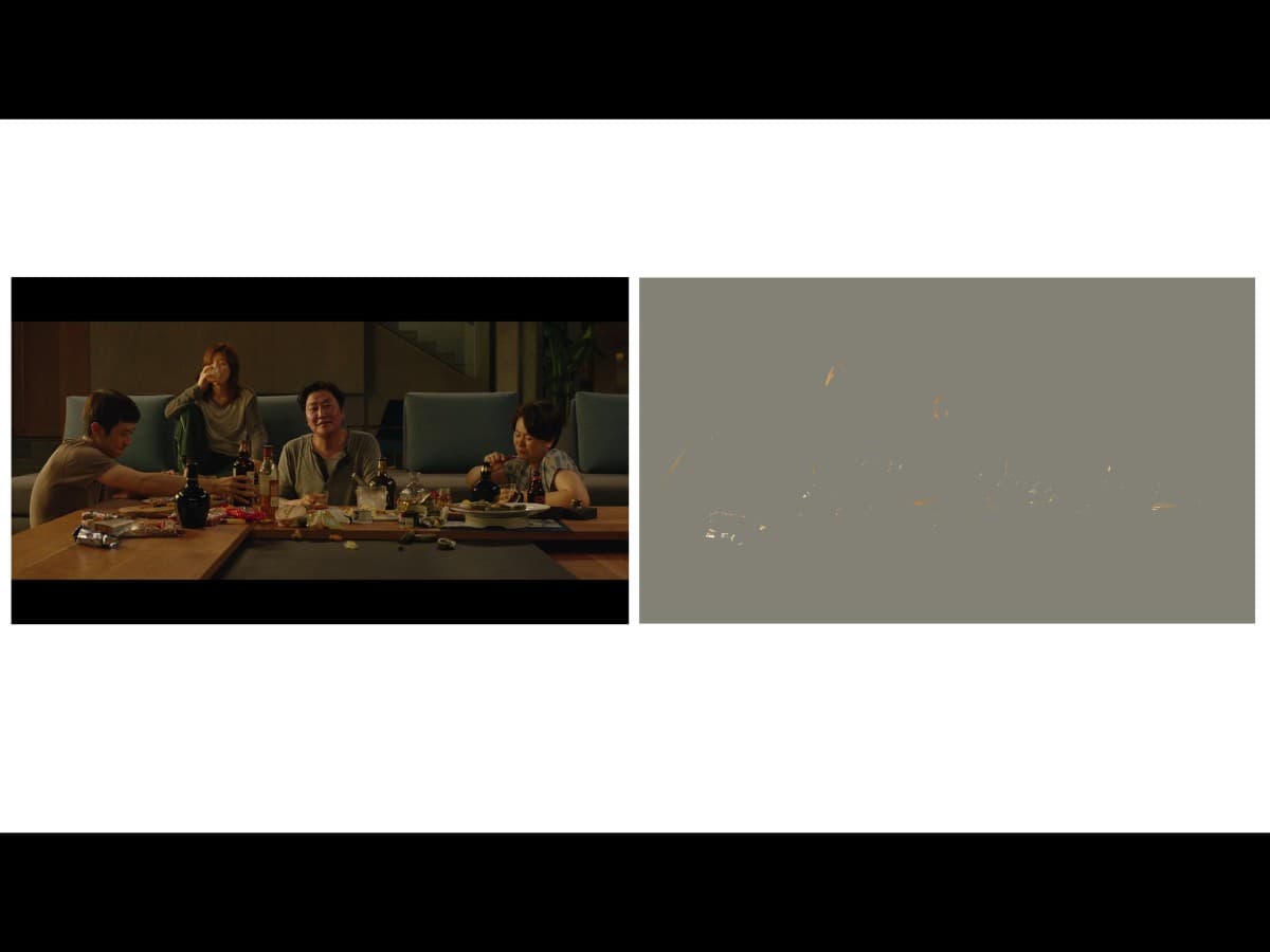 Lighting from scene in Parasite where Kim family is eating in the Park family.