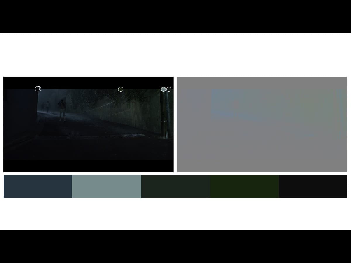 Color from scene in parasite where Kim family is running down alley in rain.
