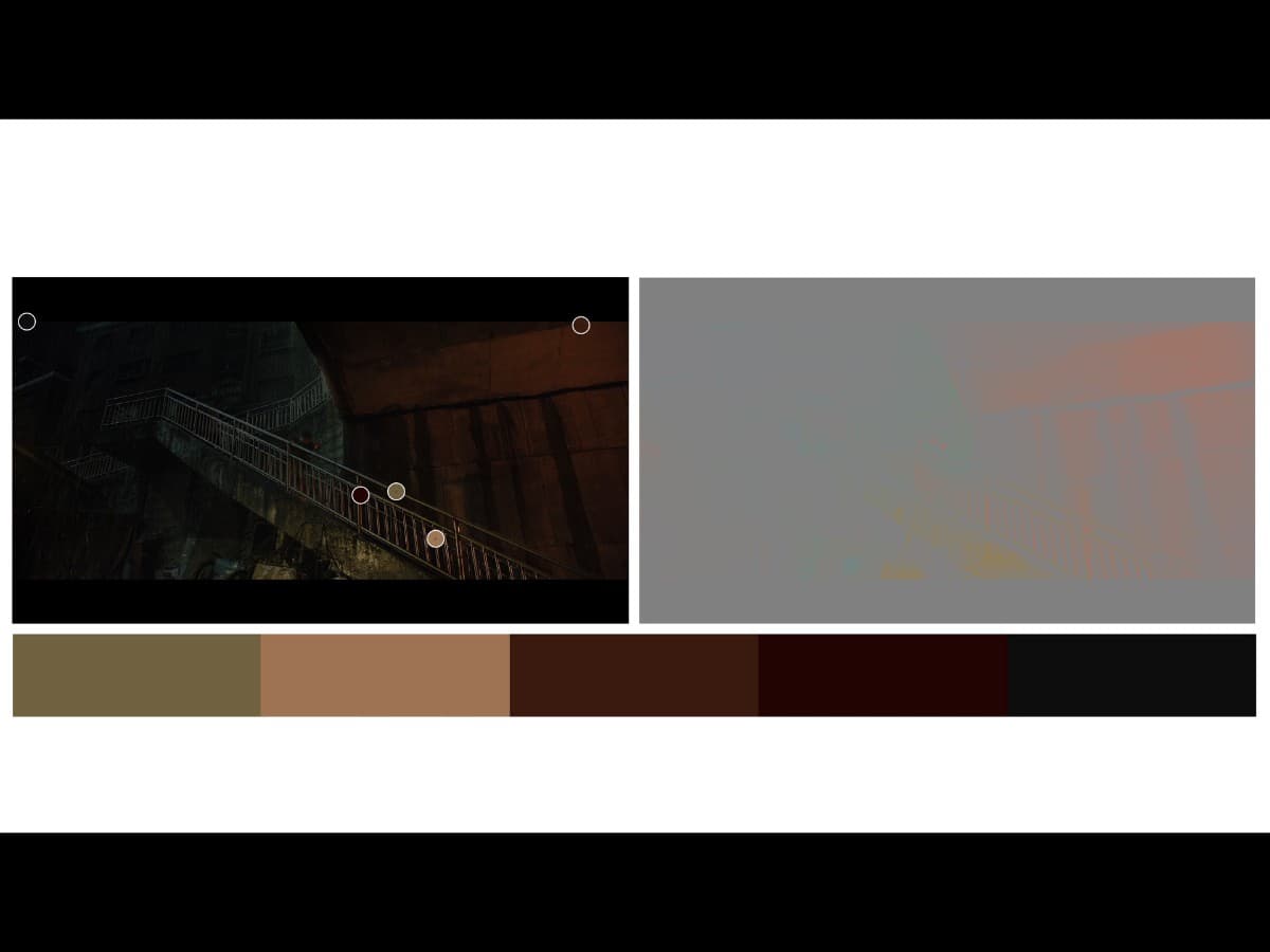 Color from scene in parasite where Kim family is running down stairs in rain.