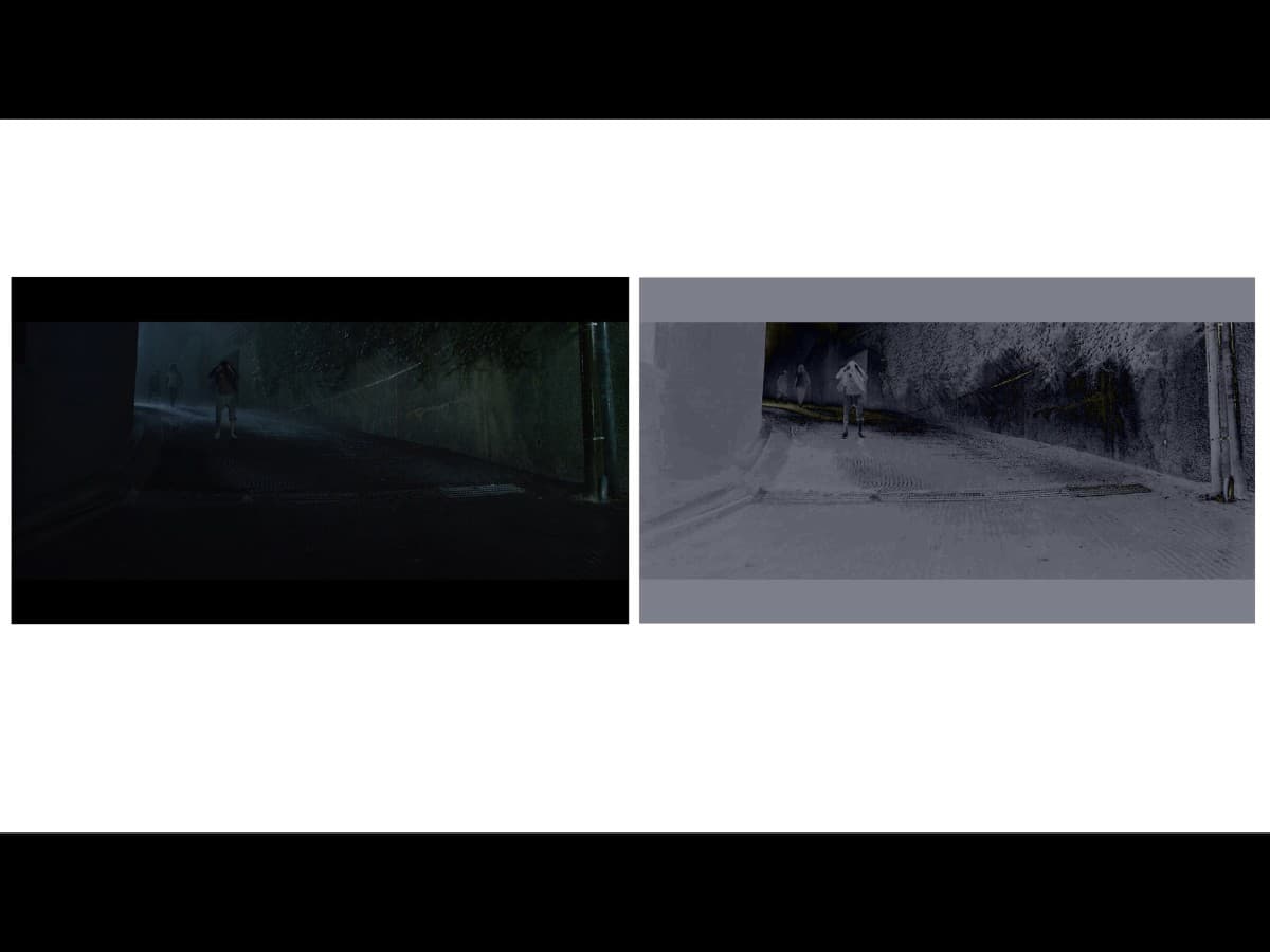 Lighting from scene in parasite where Kim family is running down stairs in rain.
