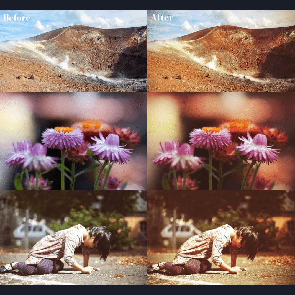Desert mountain, flowers, and a girl drawing with chalk.
