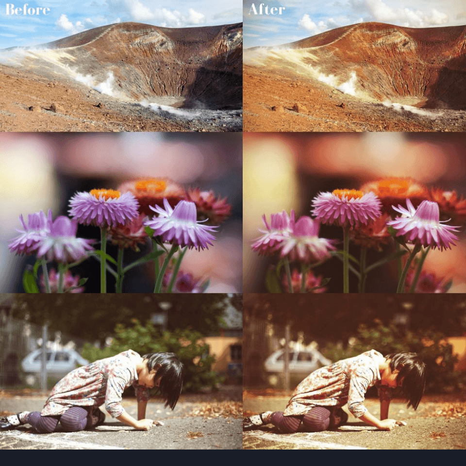 Desert mountain, flowers, and a girl drawing with chalk.
