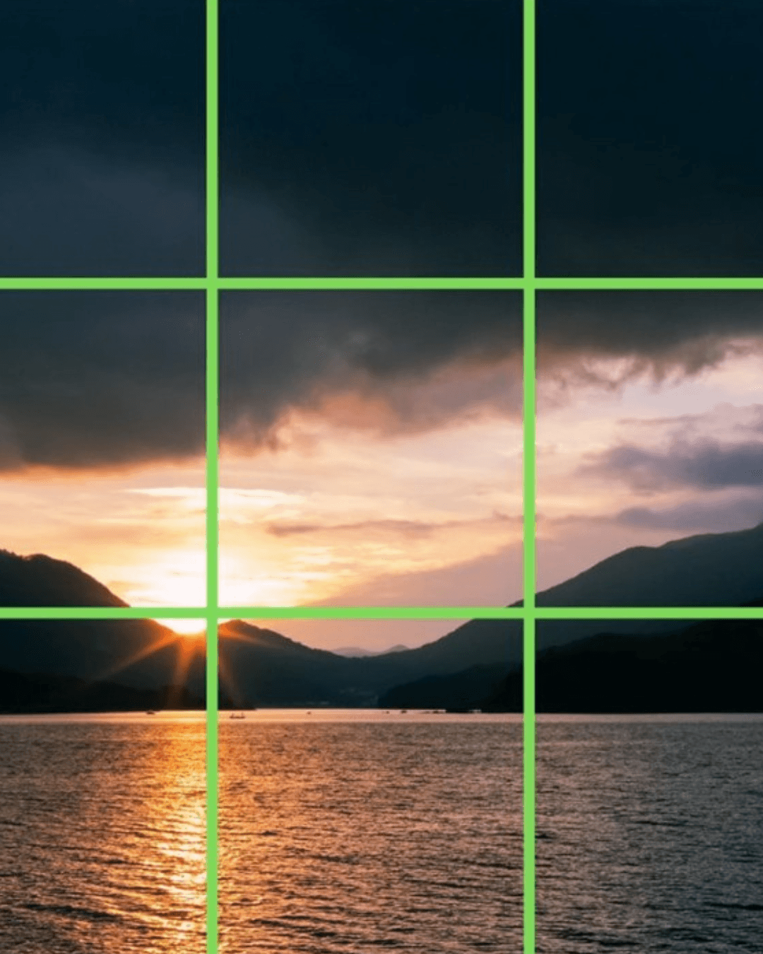 Mountain and setting sun in Japan using rule of thirds.