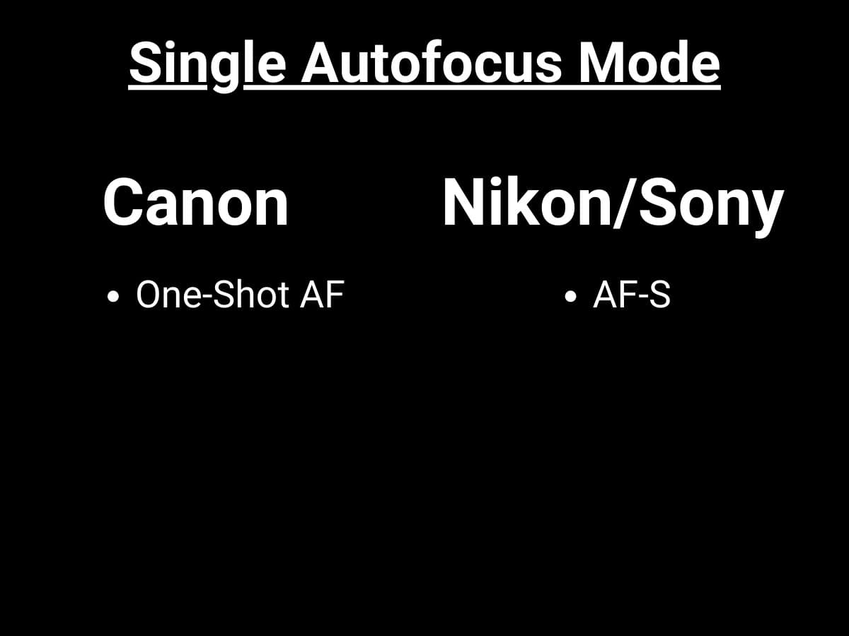 Graphic showing single autofocus mode on different camera brands.