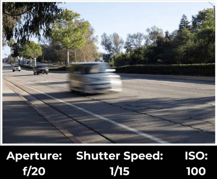 Car in the road blurred due to a slow shutter speed.