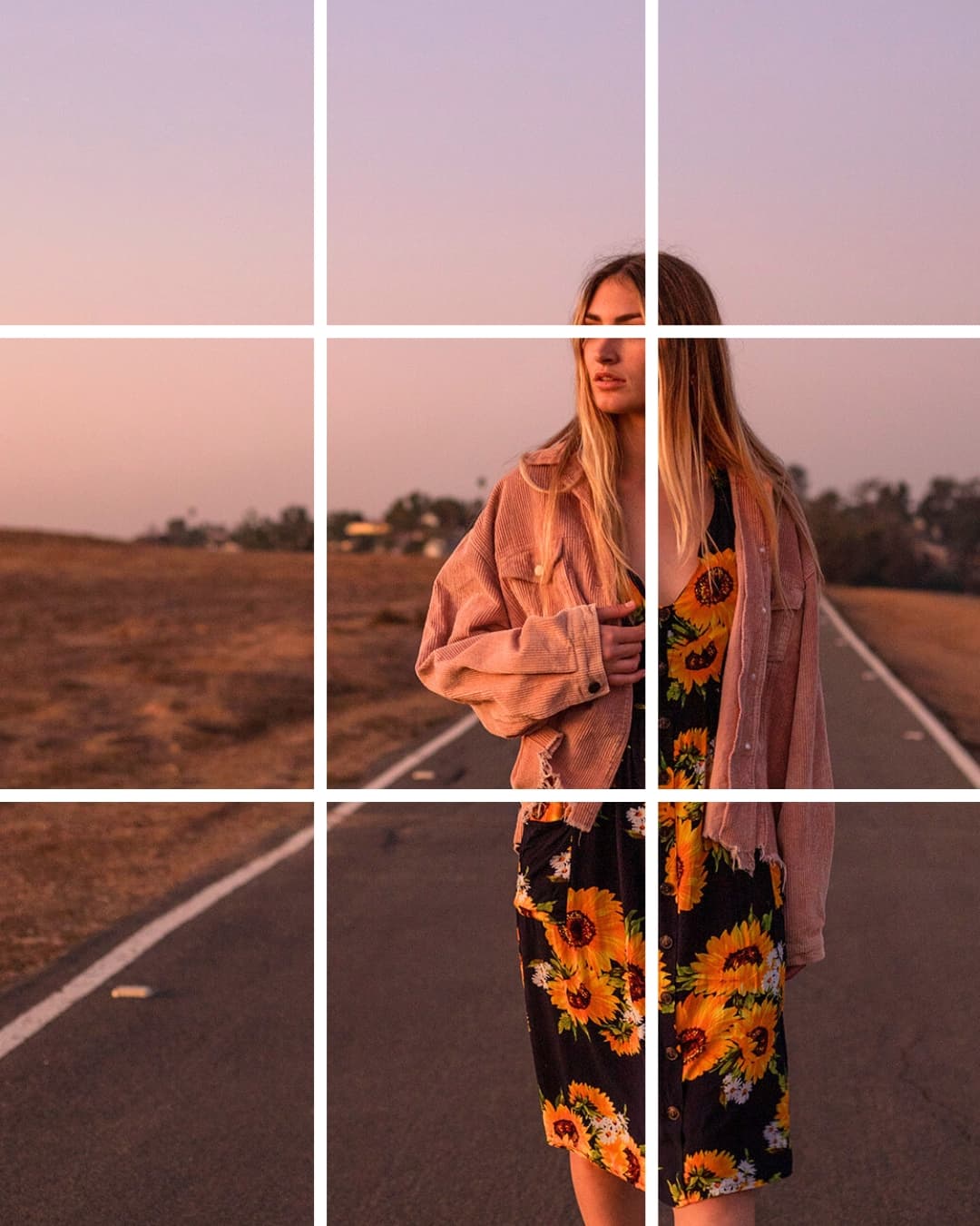After rule of thirds Girl walking down road with rule of thirds intersection lines.