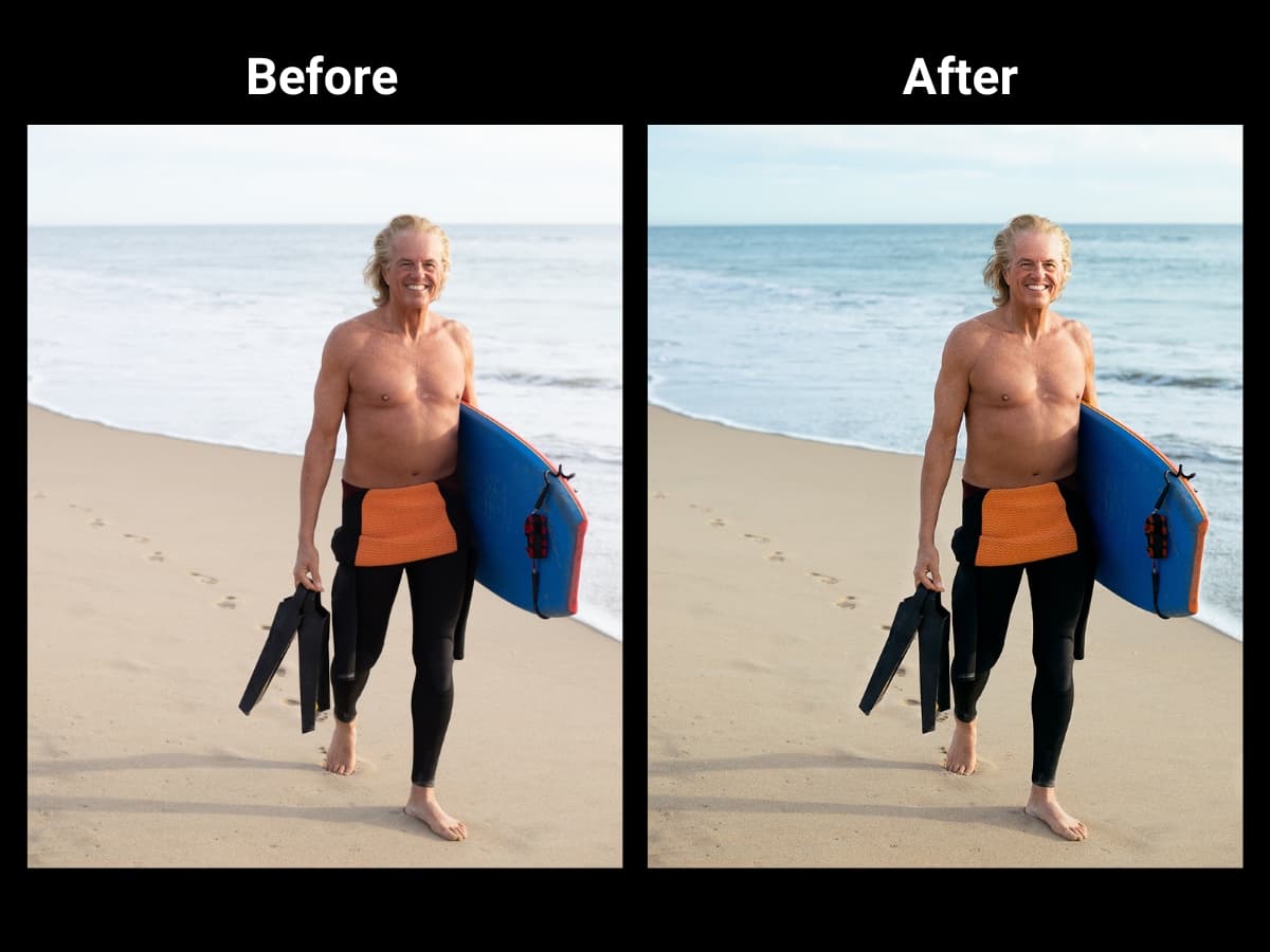 Before and after highlights adjustment on Golden Hour photo Two photos showing before and after adjusting highlights on a golden hour photo.