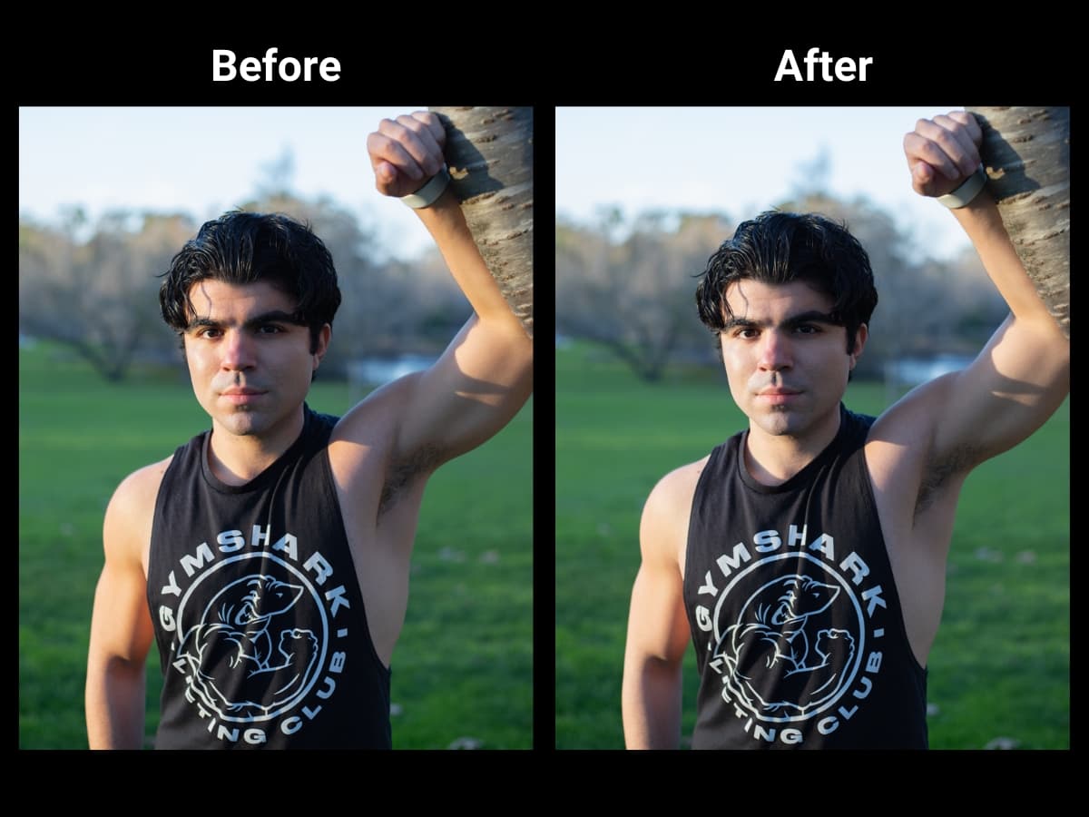 Before and after orange color adjustment on Golden Hour photo Two photos showing before and after adjusting orange color on a golden hour photo.