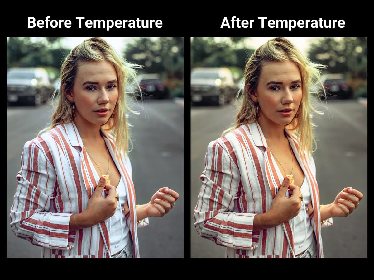 Before and after temperature slider for Golden Hour photo Two photos showing before and after adjusting temperature slider for a golden hour look.