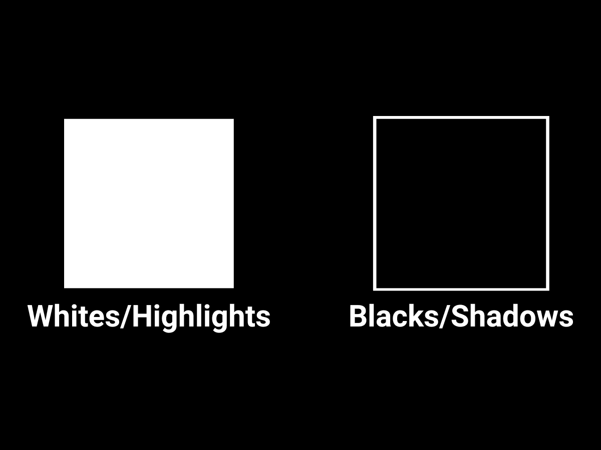 Blacks and white Graphic showing how the whites represents highlights and the blacks represent shadows.