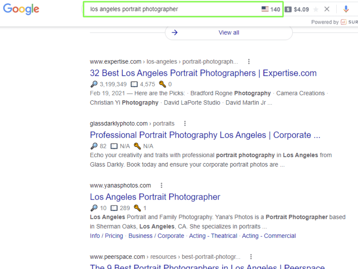 Bottom of funnel keyword Screenshot of Google search results page for los angeles portrait photographer keyword.