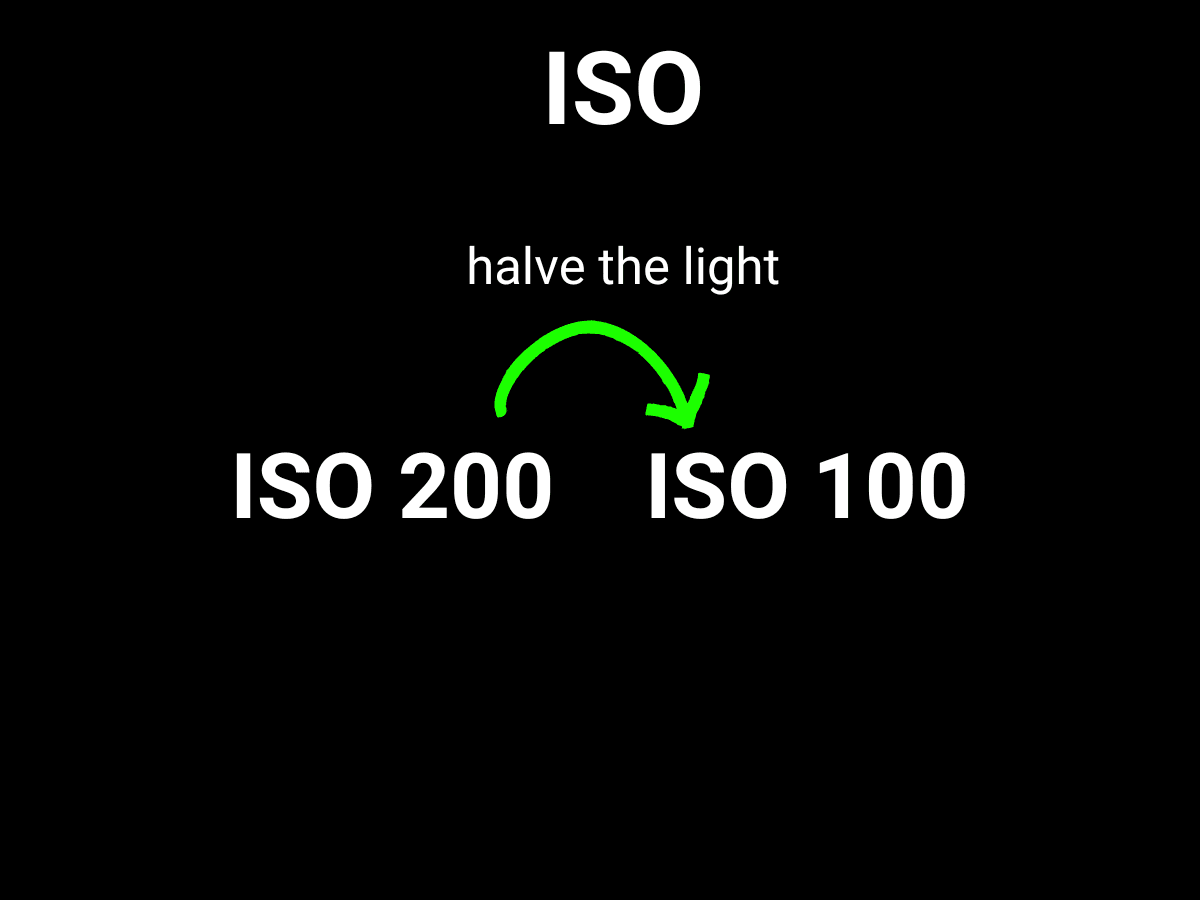 Decrease ISO by one stop - would halve the light Graphic showing how to halve the light with ISO.