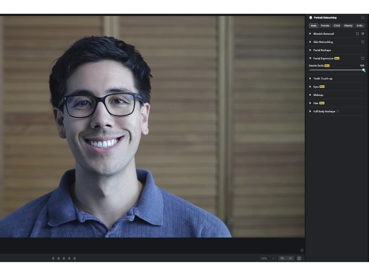 Evoto AI gentle smile slider at 100% (too much) Evoto AI gentle smiler slider edit.