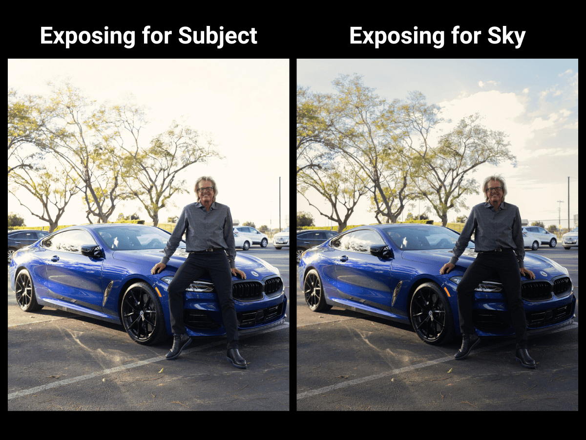 Exposing for subject vs. exposing for sky Two photo of guy standing in front of his car.
