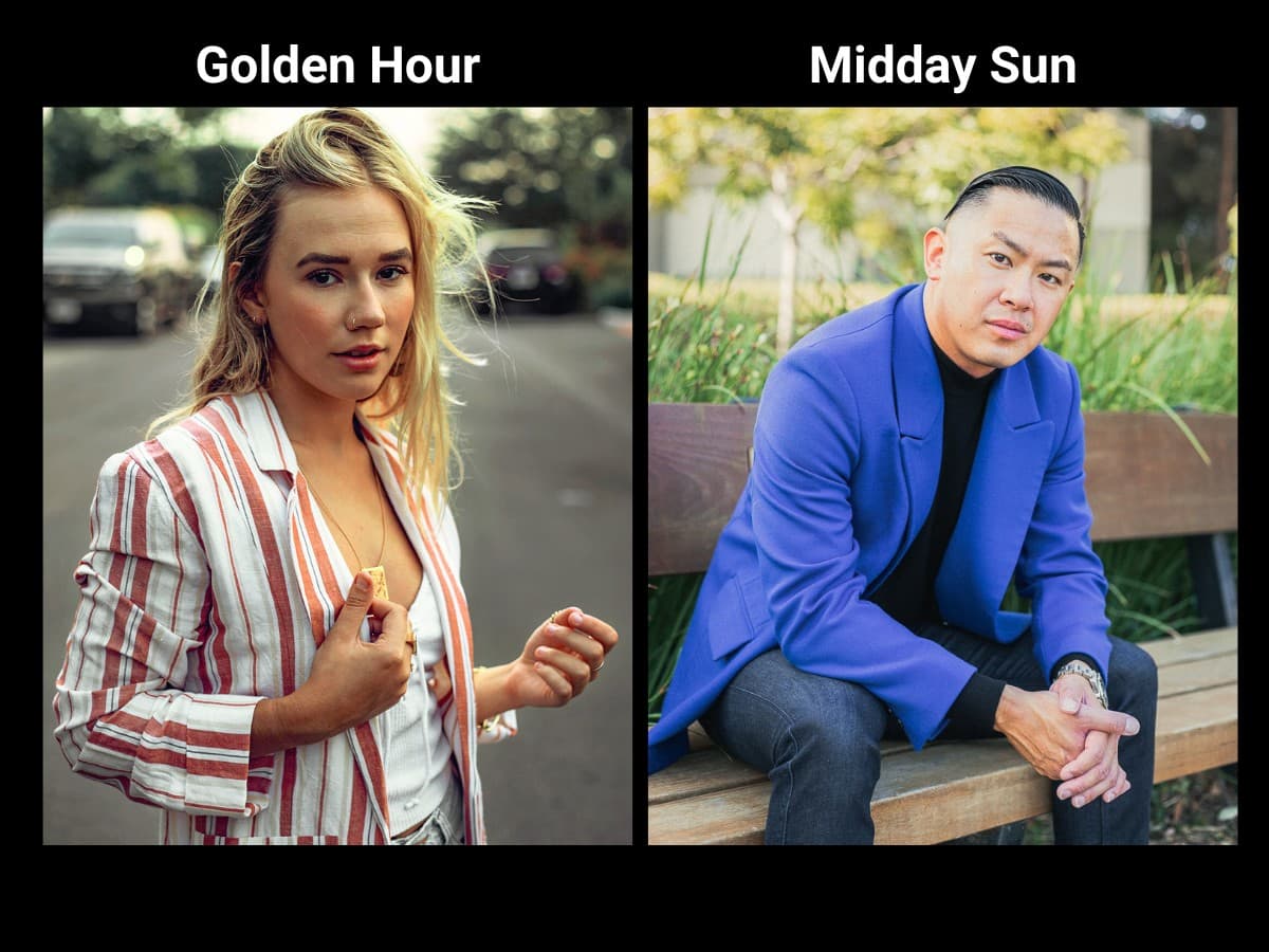 Golden Hour vs. midday sun Photo of woman during golden hour and man during midday sun.