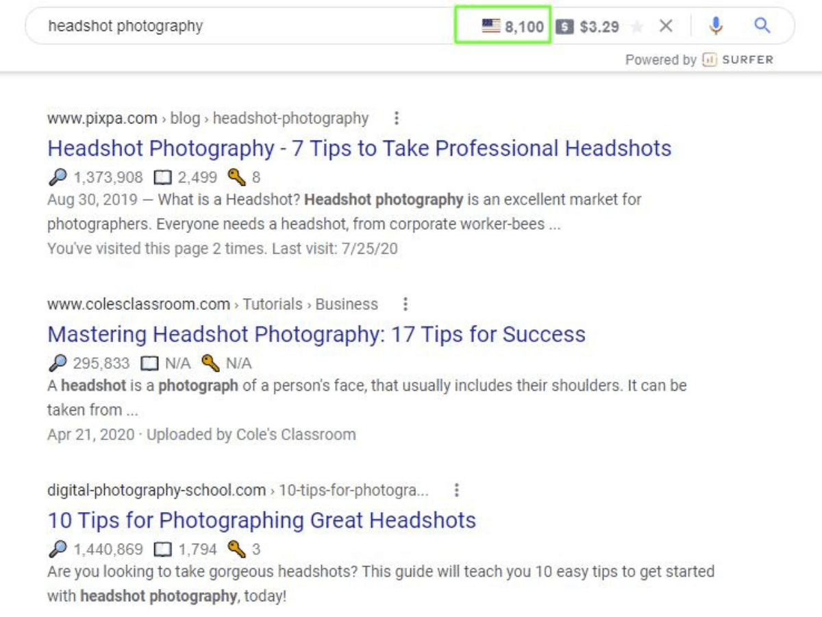 Headshot photography keyword Screenshot showing the keyword headshot photography on Google.