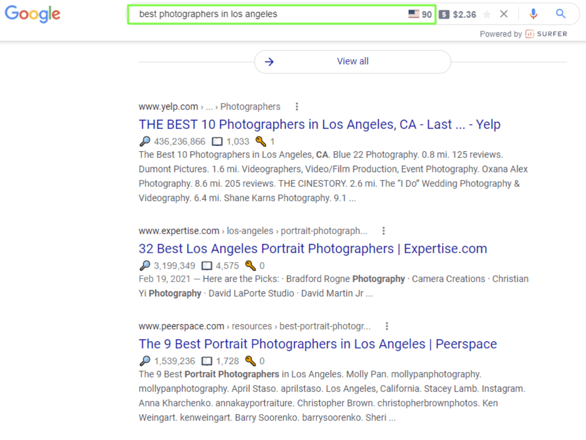 Middle of funnel keyword Screenshot showing the keyword best photographers in los angeles on Google.