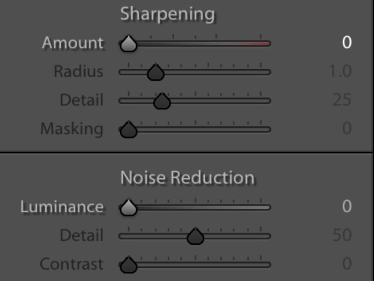 Noise reduction in Adobe Lightroom Graphic of sharpening and noise reduction slider in Adobe Lightroom.