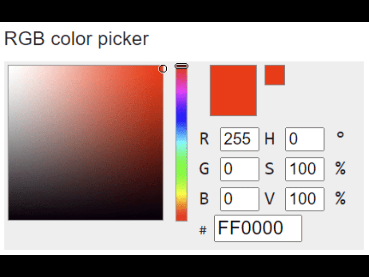Red as RGB 255, 0, 0 RGB color picker showing the color red.