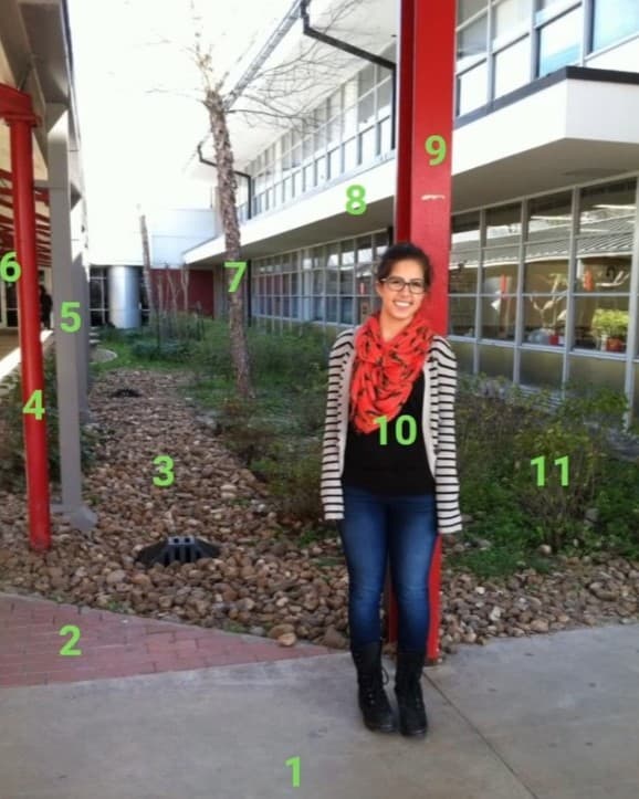 Breaking simplicity Girl standing next to red beams.