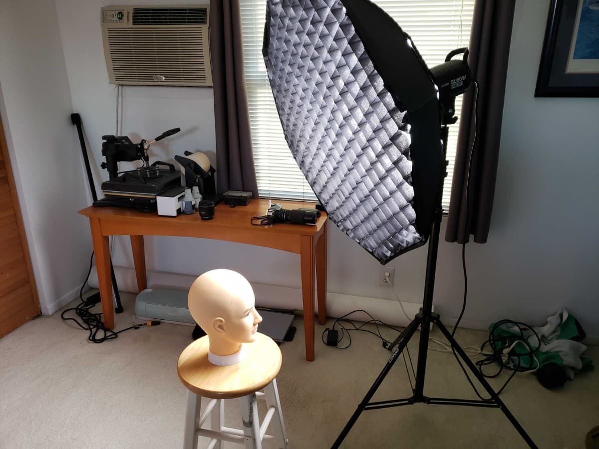 Softbox close to subject Mannequin head being lit up by a close softbox.