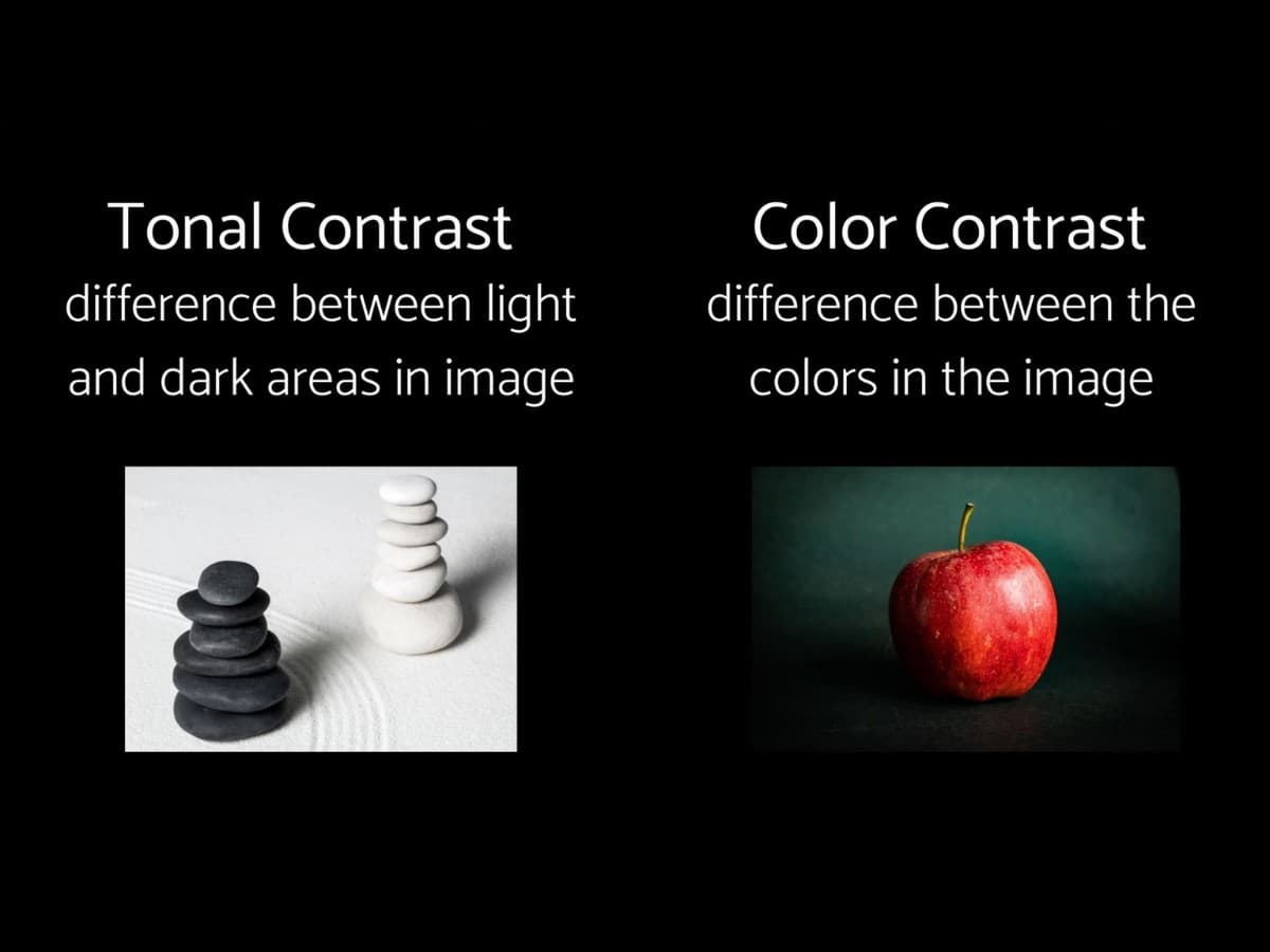 Tonal contrast and color contrast Side by side photos of tonal contrast and color contrast.